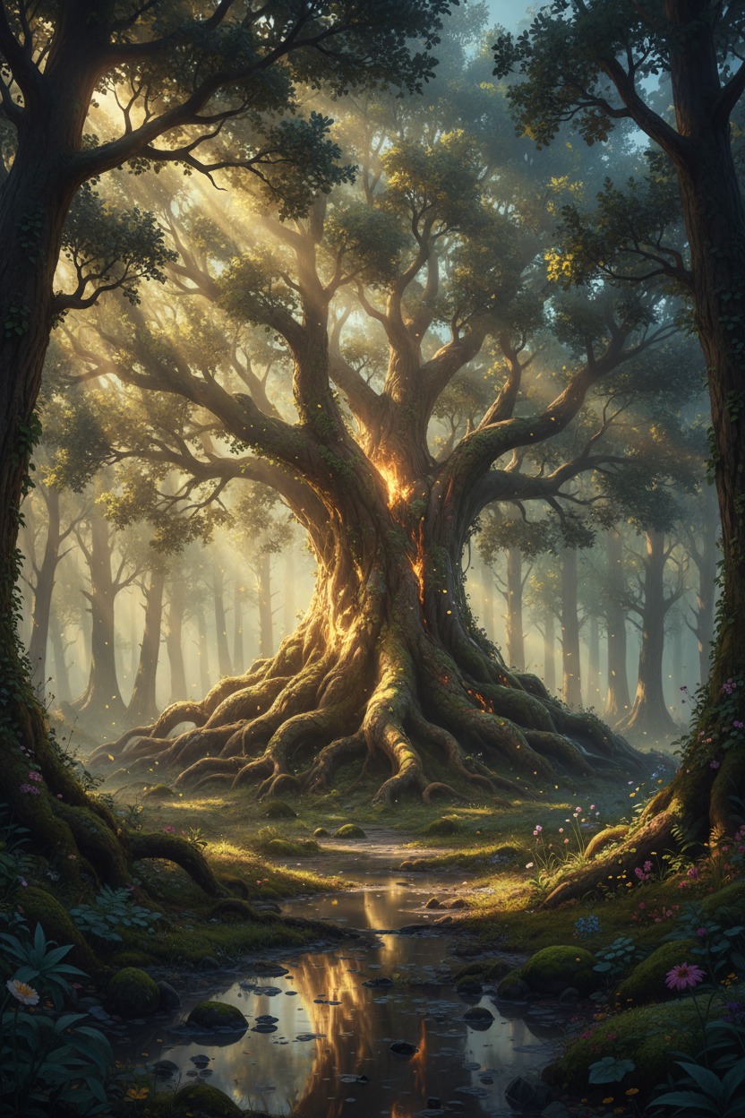 A massive, ancient tree with glowing roots stands in the center of a sunlit forest clearing with a small stream in the foreground.
